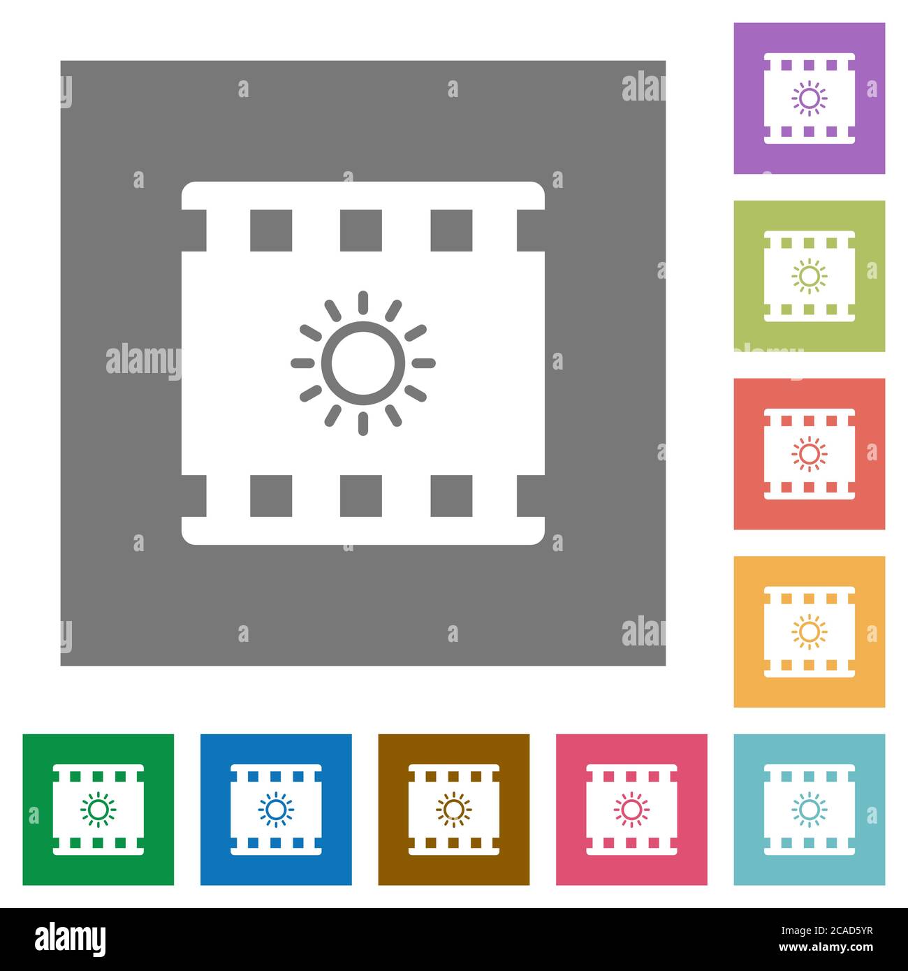 Movie brightness flat icons on simple color square backgrounds Stock ...