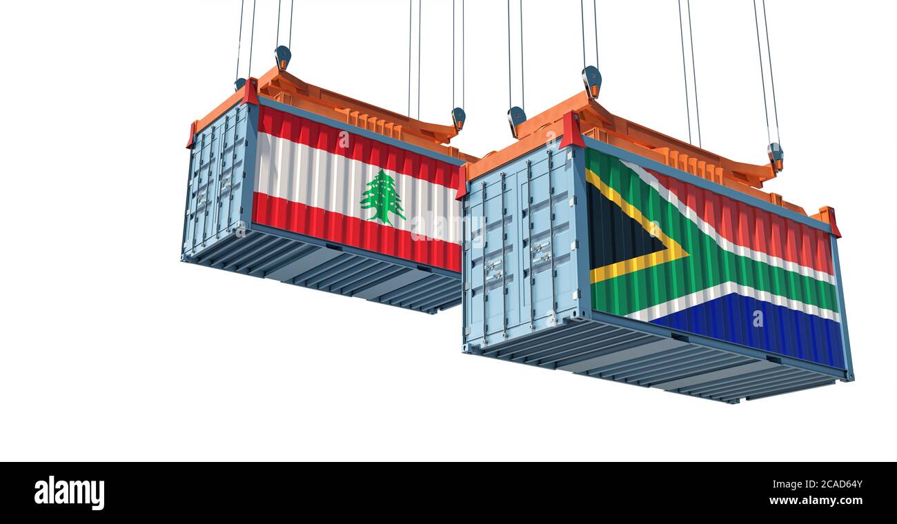 Freight containers with South Africa and Lebanon flag. 3D Rendering