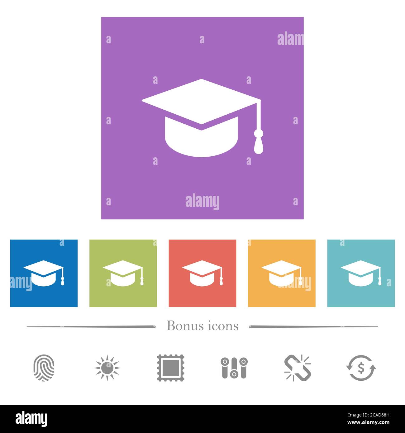 Graduation cap flat white icons in square backgrounds. 6 bonus icons ...