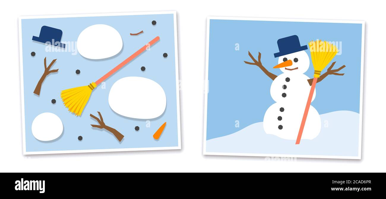 Snowman and his single parts - jumbled and put together - comic illustration on blue background. Stock Photo