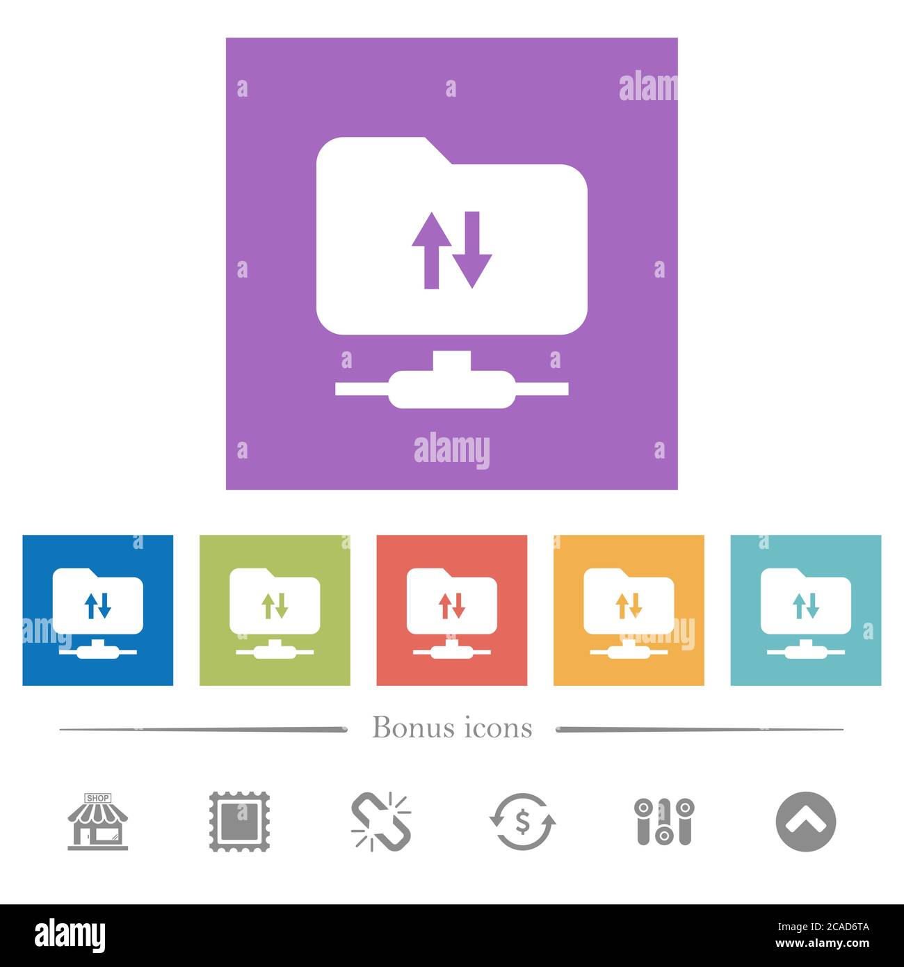 FTP data traffic flat white icons in square backgrounds. 6 bonus icons ...