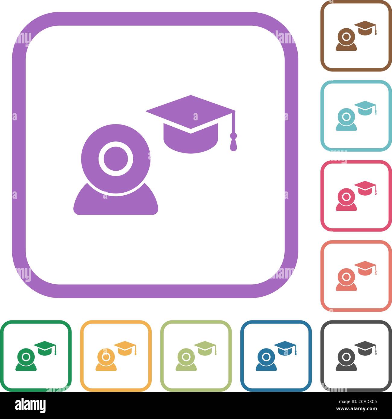 Distance learning simple icons in color rounded square frames on white background Stock Vector