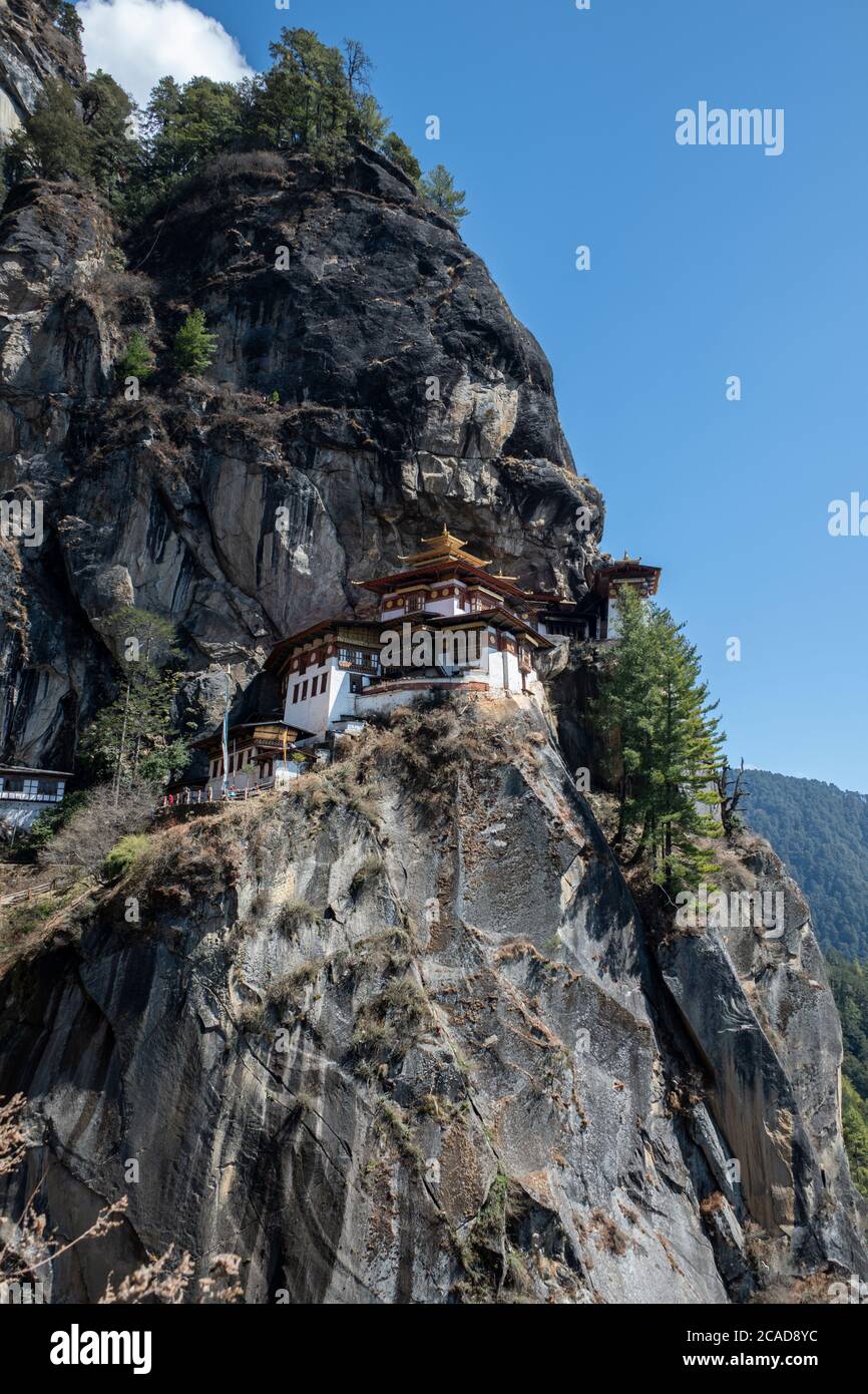 Bhutan, Paro. Taktshang Goemba or Tiger’s Nest Monastery, one of Bhutan’s most sacred religious sites. Stock Photo