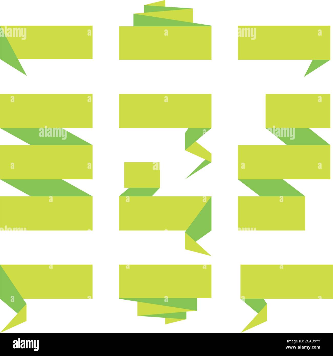 Folded ribbon banner set. Collection of green label templates. Vector