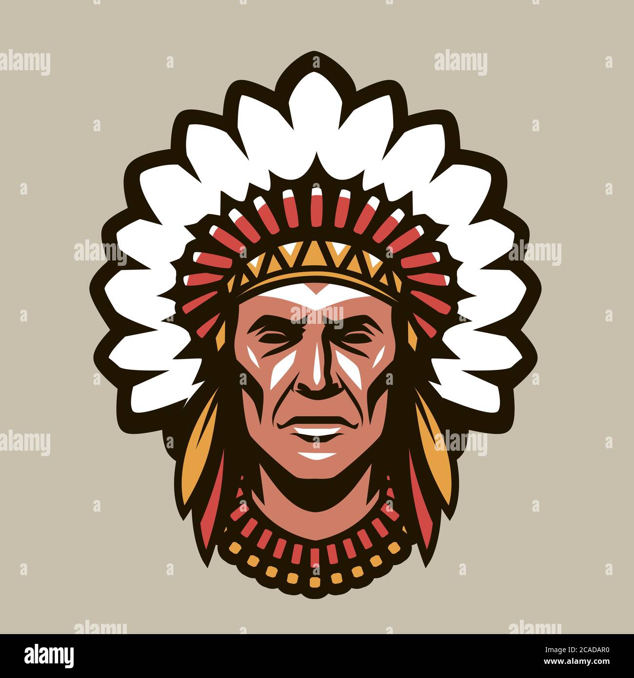 Indian chief in headdress of feathers. Warrior symbol or mascot Stock Vector