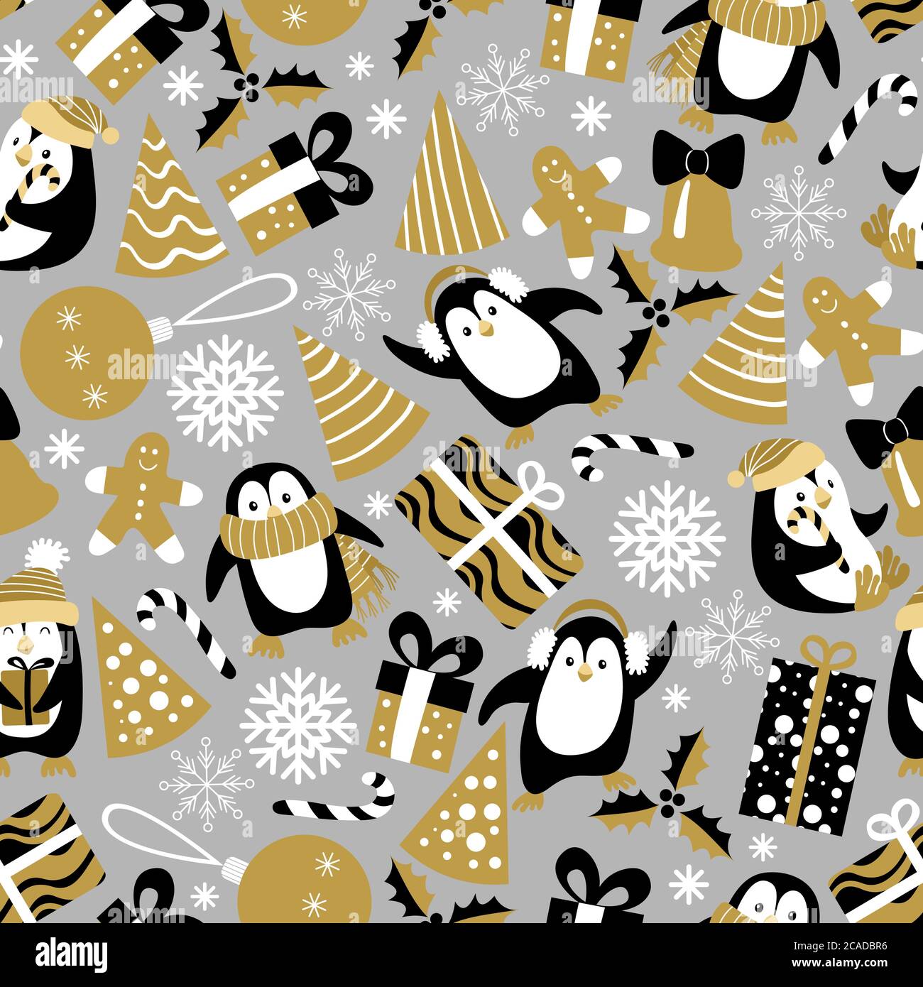 Christmas seamless pattern with penguins on grey background. Vector ...