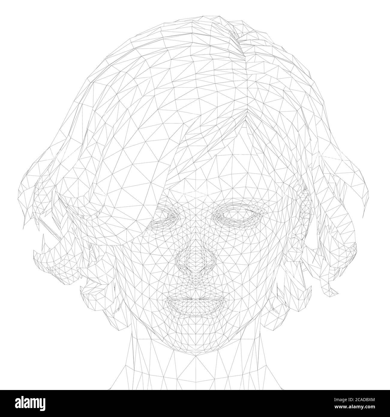 Low poly head wireframe of a girl with a short haircut. Front view. Vector illustration. Stock Vector