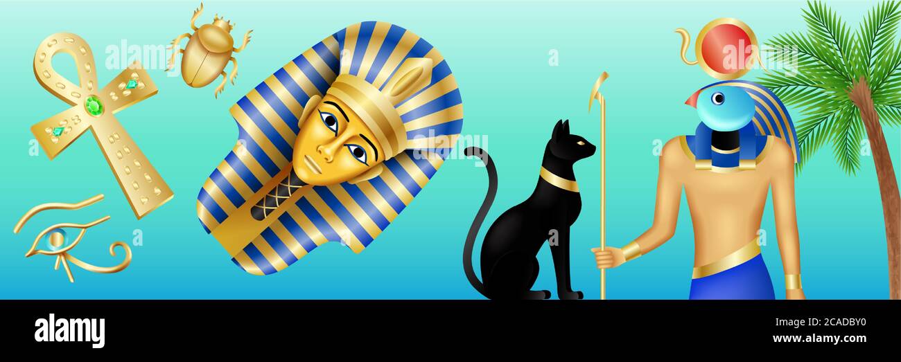 Egypt symbols banner. Cartoon poster with pharaoh, Horus, black cat and scarab on blue background. Vector illustration in flat style Stock Vector