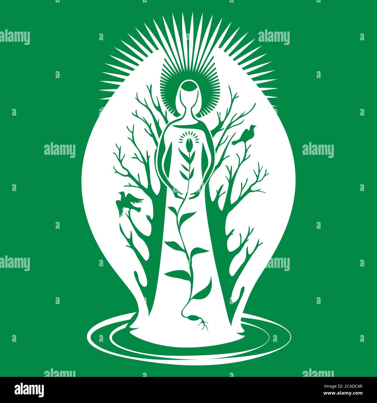 An angel, a guardian of nature with wings, guards the germinated grain. Silhouette isolated on green background, logo. Stock Vector