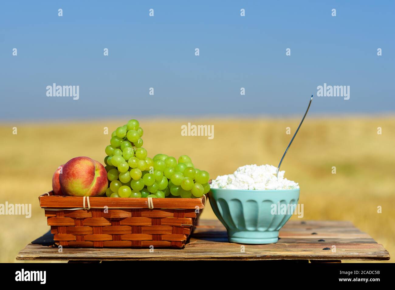 Shavuot Festival of First Fruits habikkurim. Grapes and peaches on