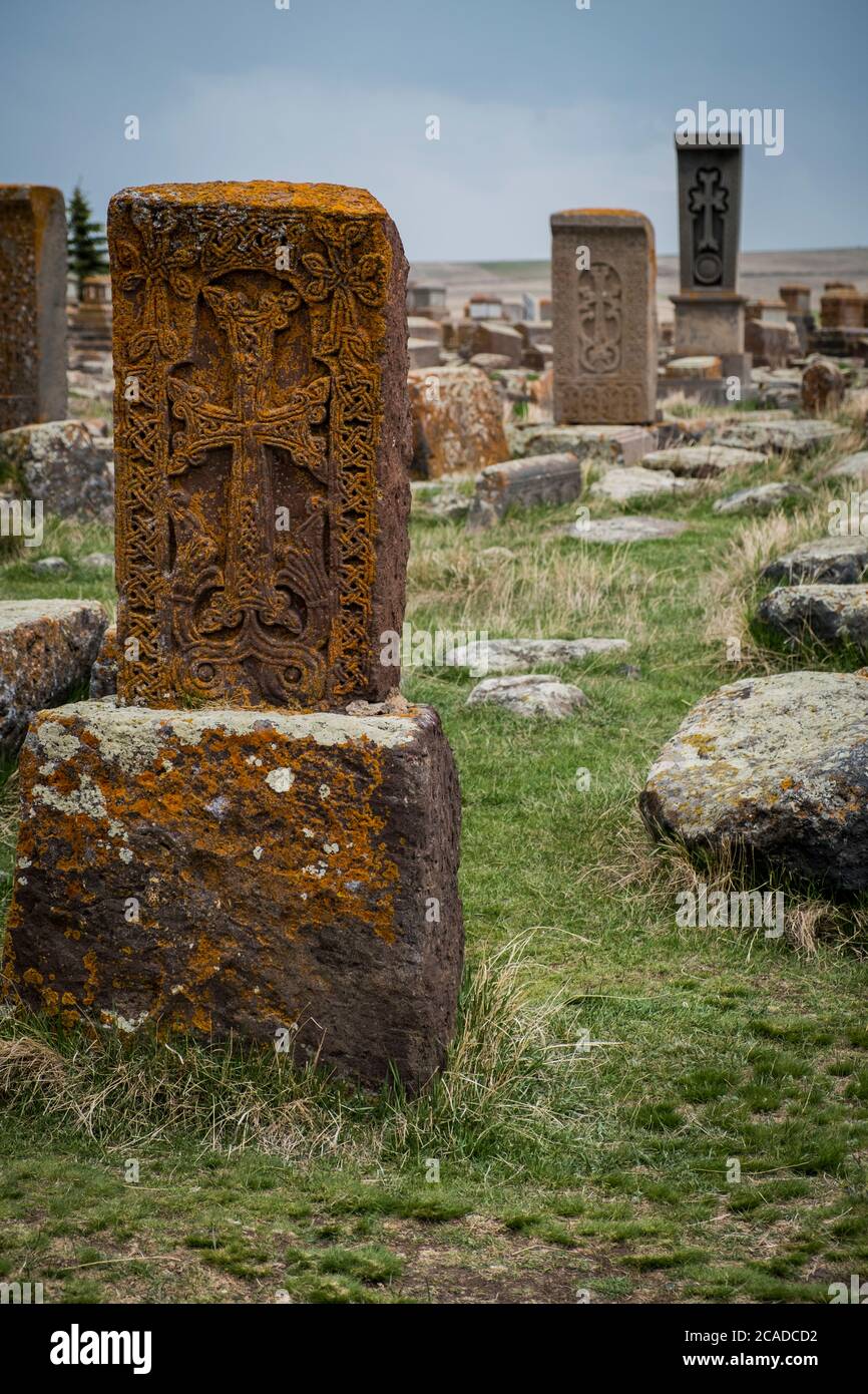 Khachkars in the the historical cemetery of Noratus near Lake Sevan, Armenia, Caucaus, Eurasia. Stock Photo