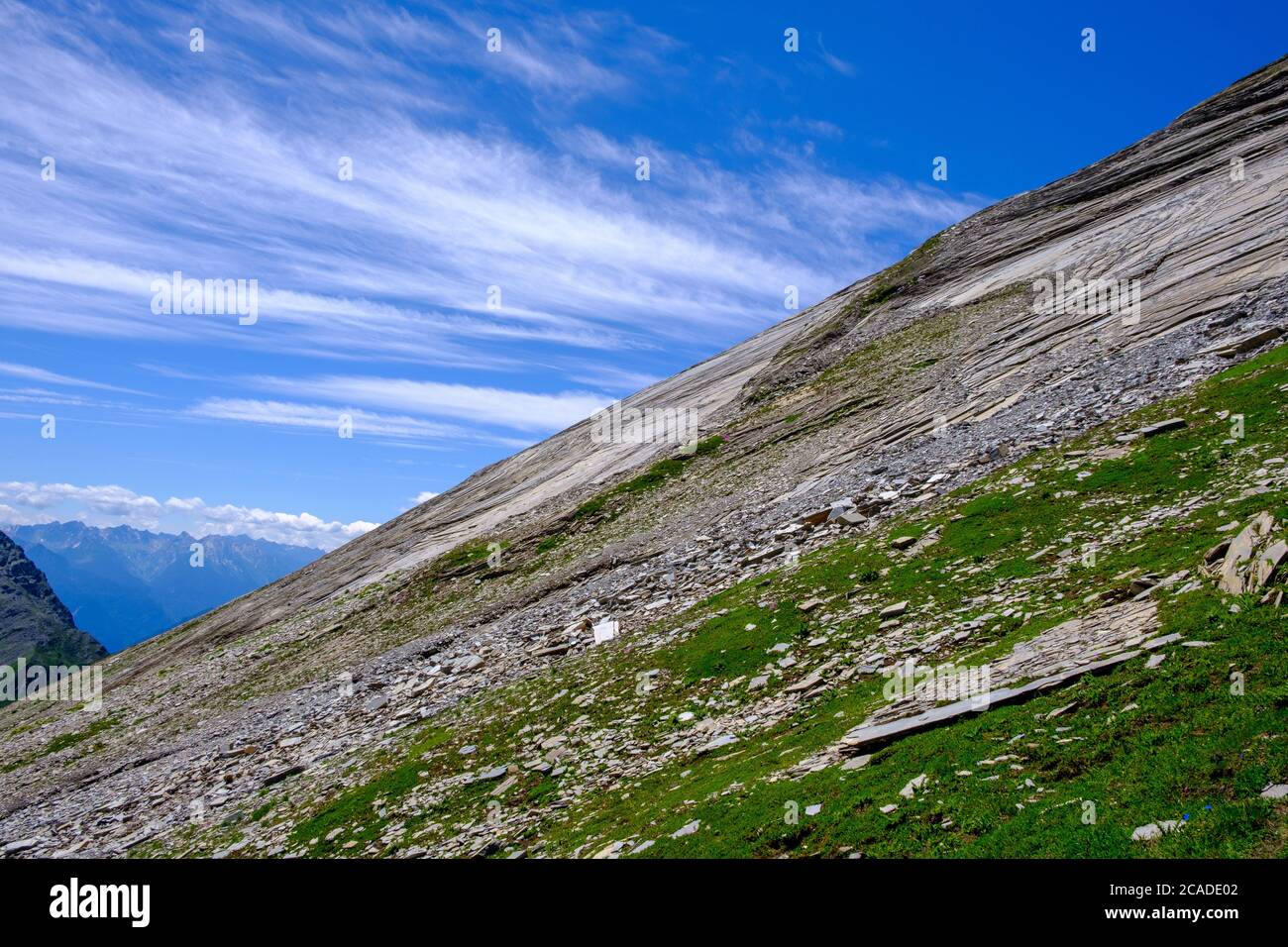 Rocky surface to the summit of Piz Uccello, Swiss Alps Stock Photo