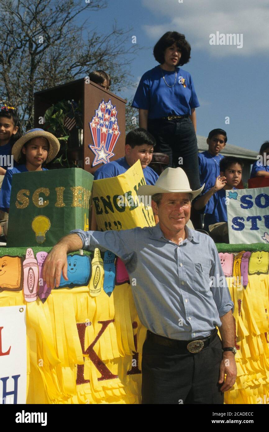 Mercedes, Texas USA, 1998 Governor W. Bush poses by a float