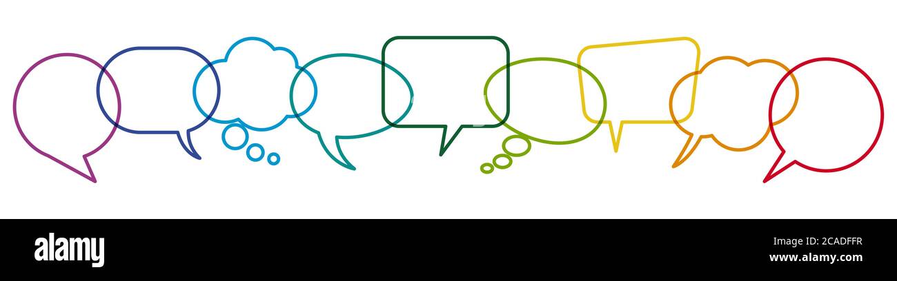 illustration of outlined colored speech bubbles in a row with space for text symbolizing communication process with white background Stock Vector