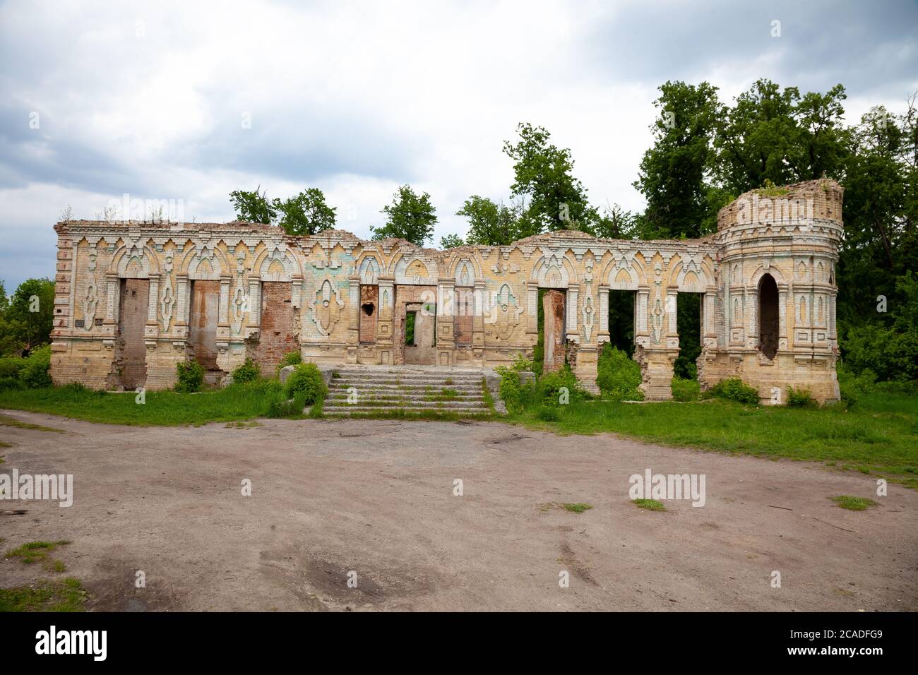 The ruins of the Palace von der Osten Saken on the border of the town of Nemeshaevo and the village of Mirotskoye, Kiev region, Ukraine. Abandoned old Stock Photo