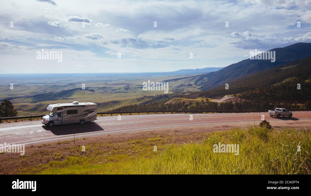 A recreational vehicle on Bighorn Scenic Byway (Wyoming) Stock Photo