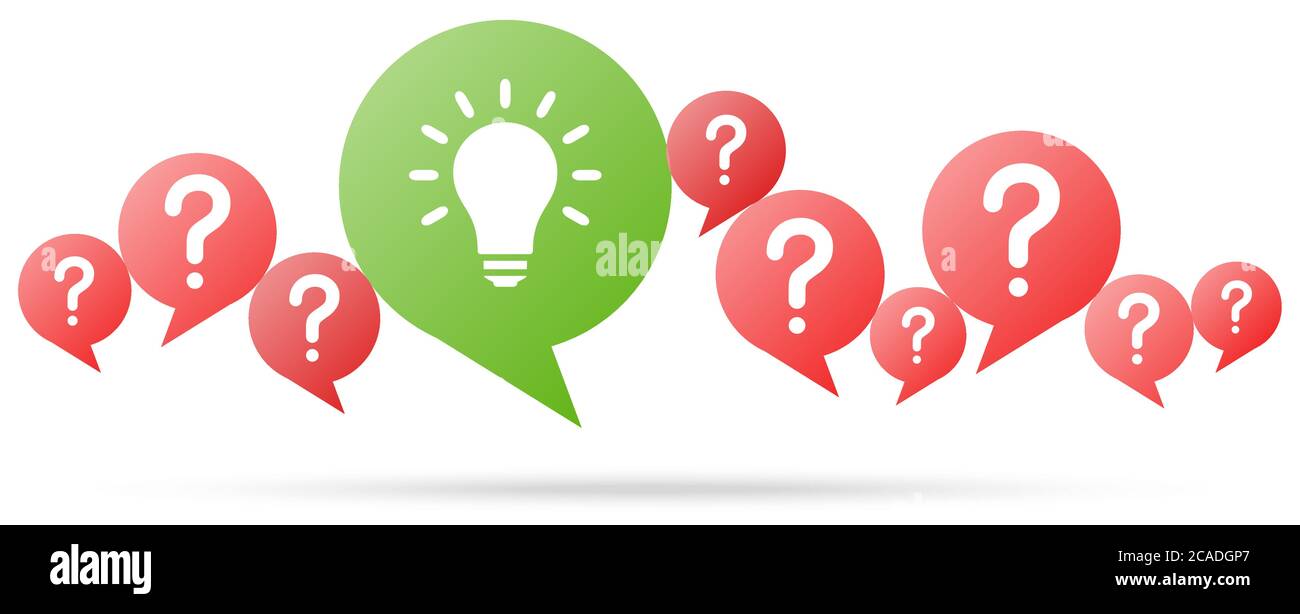 speech bubbles with red question marks and with green light bulb symbolizing idea or solution Stock Vector