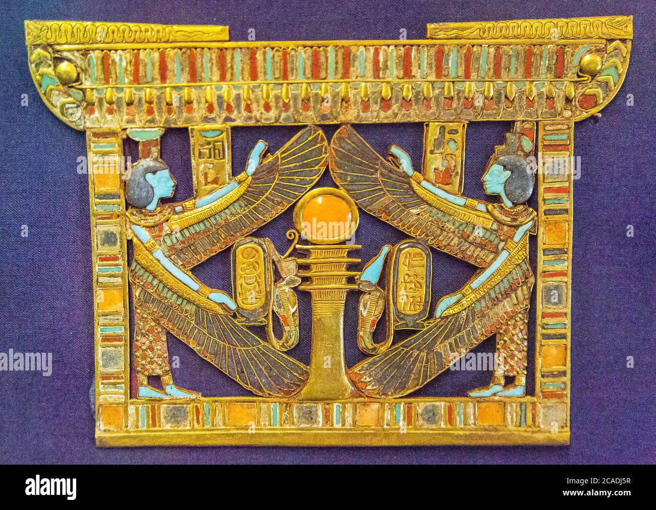 Egypt, Tutankhamon jewellery, from his tomb in Luxor : A pectoral in the shape of a pylon, showing the winged Isis and Nephthys. Stock Photo