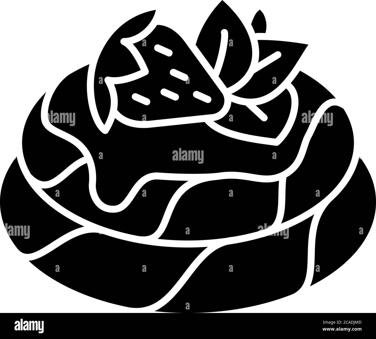 Pavlova black glyph icon. Meringue based dessert with strawberries and