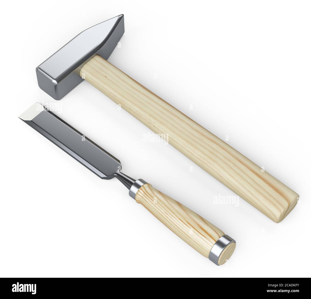 Hammer and chisel hand tool with wooden handles. 3d illustration