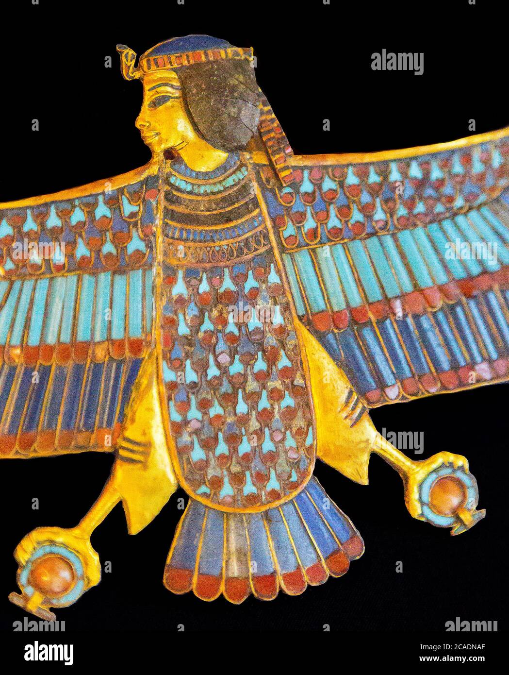 Egypt, Cairo, Egyptian Museum, Tutankhamon jewellery, from his tomb in Luxor : Gold pectoral Ba-bird of the king. Stock Photo