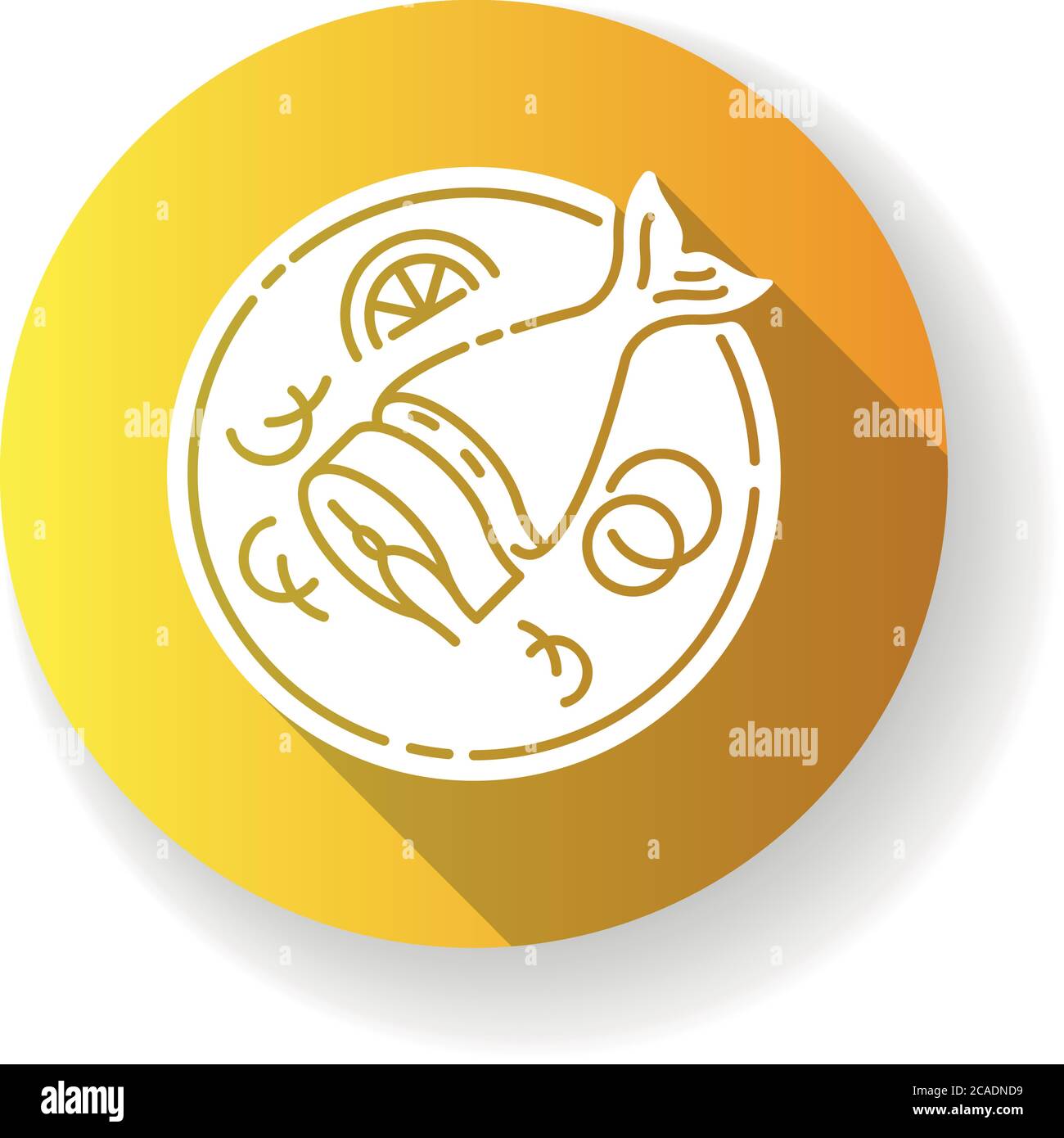 Soused herring yellow flat design long shadow glyph icon. Sliced raw fish. Japanese dish. Salmon piece on crockery. Asian fresh meal for nutrition. Co Stock Vector