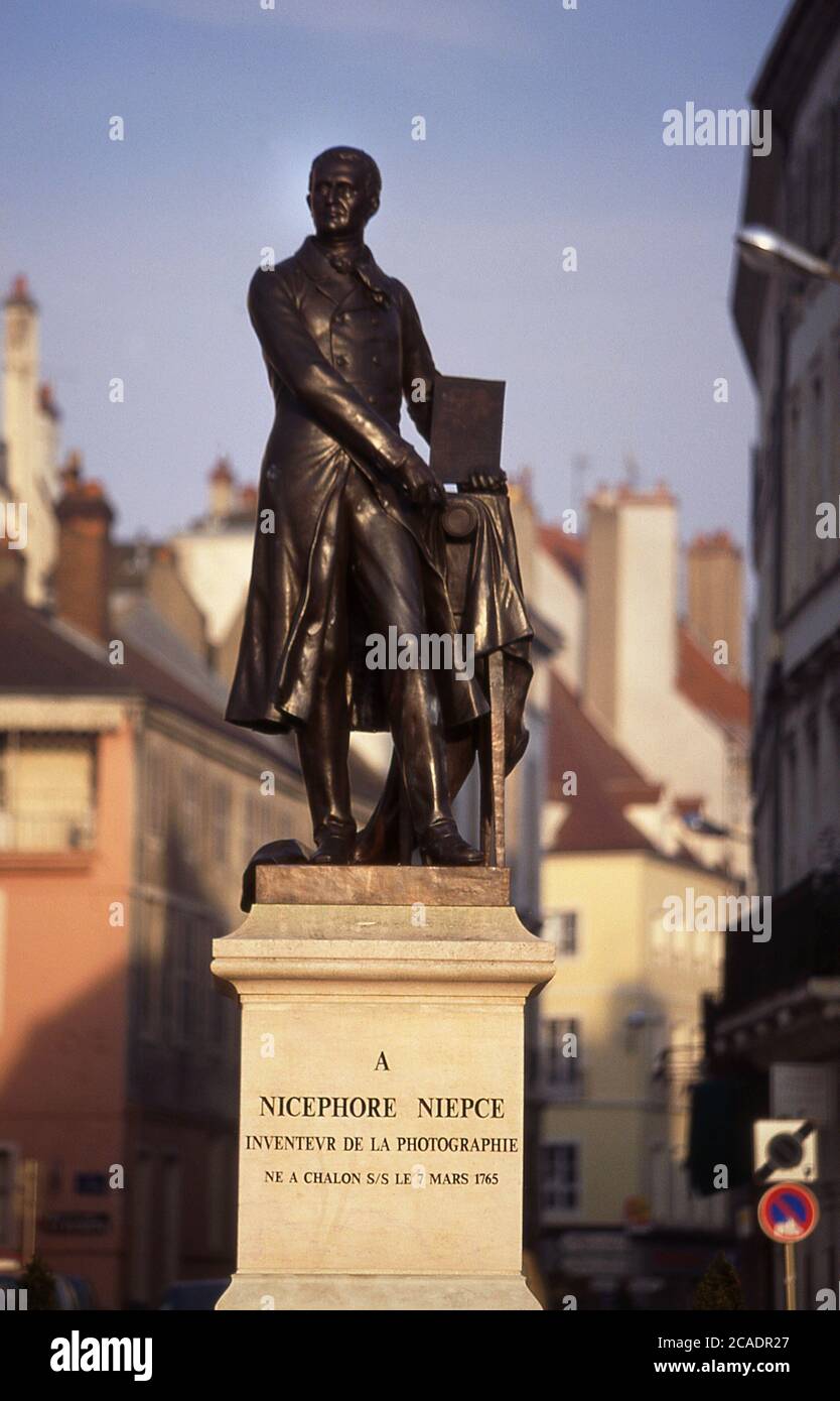 Monuments to Nicephone Niepce inventor of Photography Chalon-sur Shone France 1998 Stock Photo