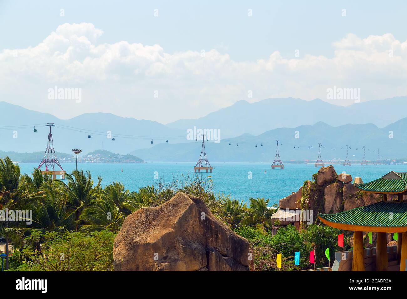 NHA TRANG, VIETNAM - FEB 12, 2015: cable car over sea leading to Vinpearl Park, Nha Trang, Vietnam. Stock Photo