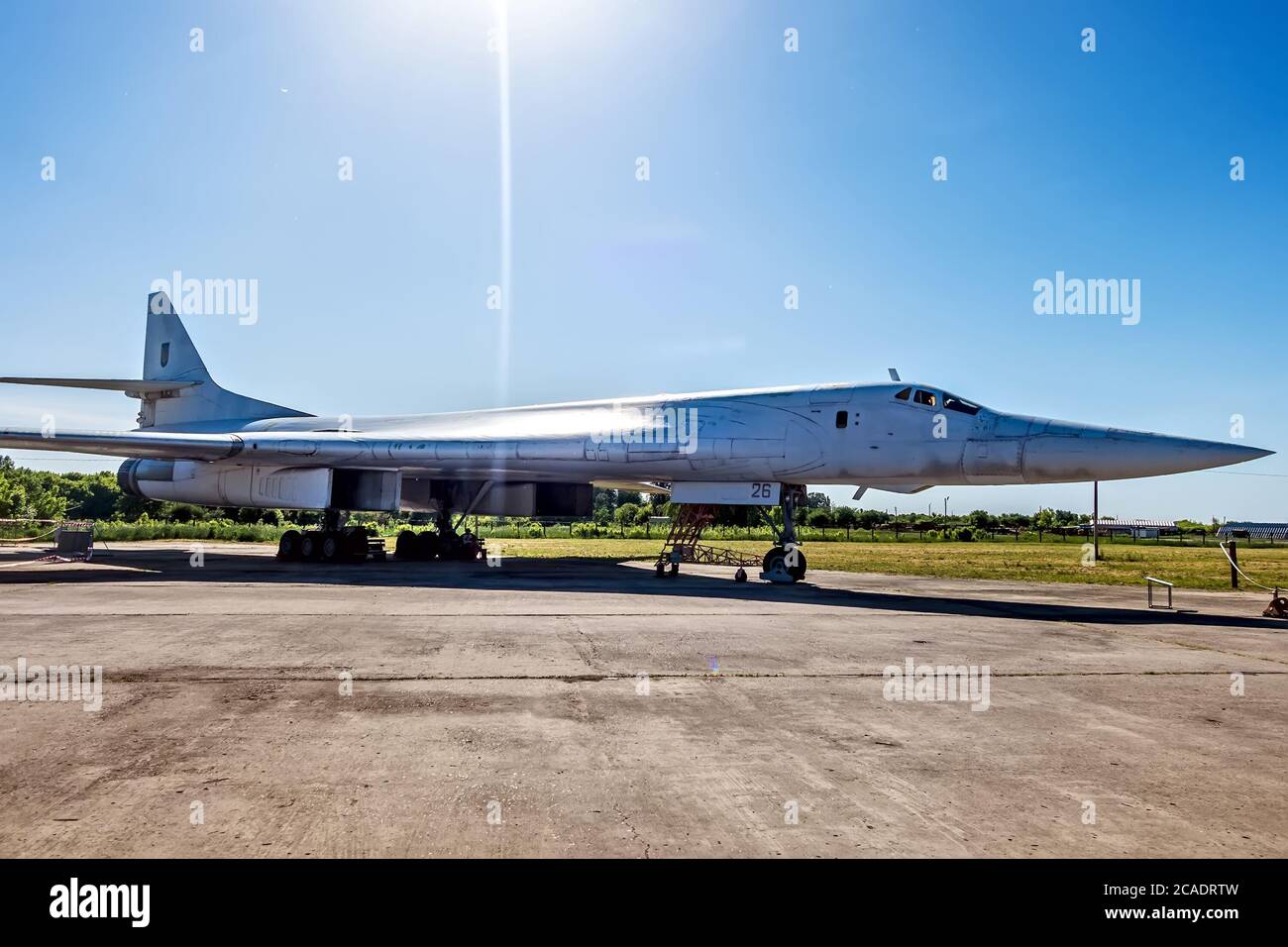 POLTAVA, UKRAINE - OCTOBER 19, 2019: Tupolev Tu-160 'Black jack' Supersonic strategic heavy Missiles bomber nuclear weapon military aircraft. Museum o Stock Photo