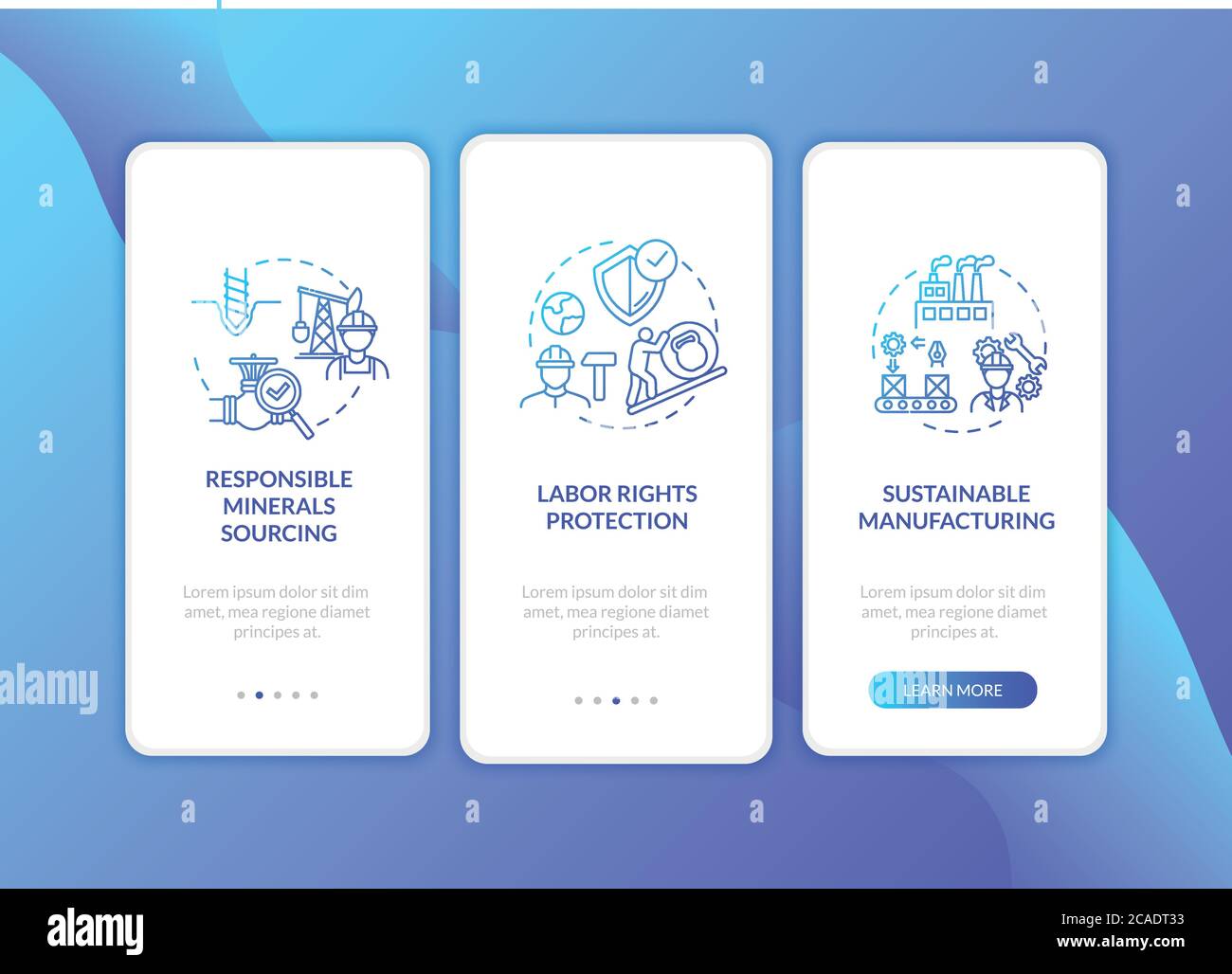 Responsible sourcing onboarding mobile app page screen with concepts. Protection from pollution walkthrough 3 steps graphic instructions. UI vector te Stock Vector