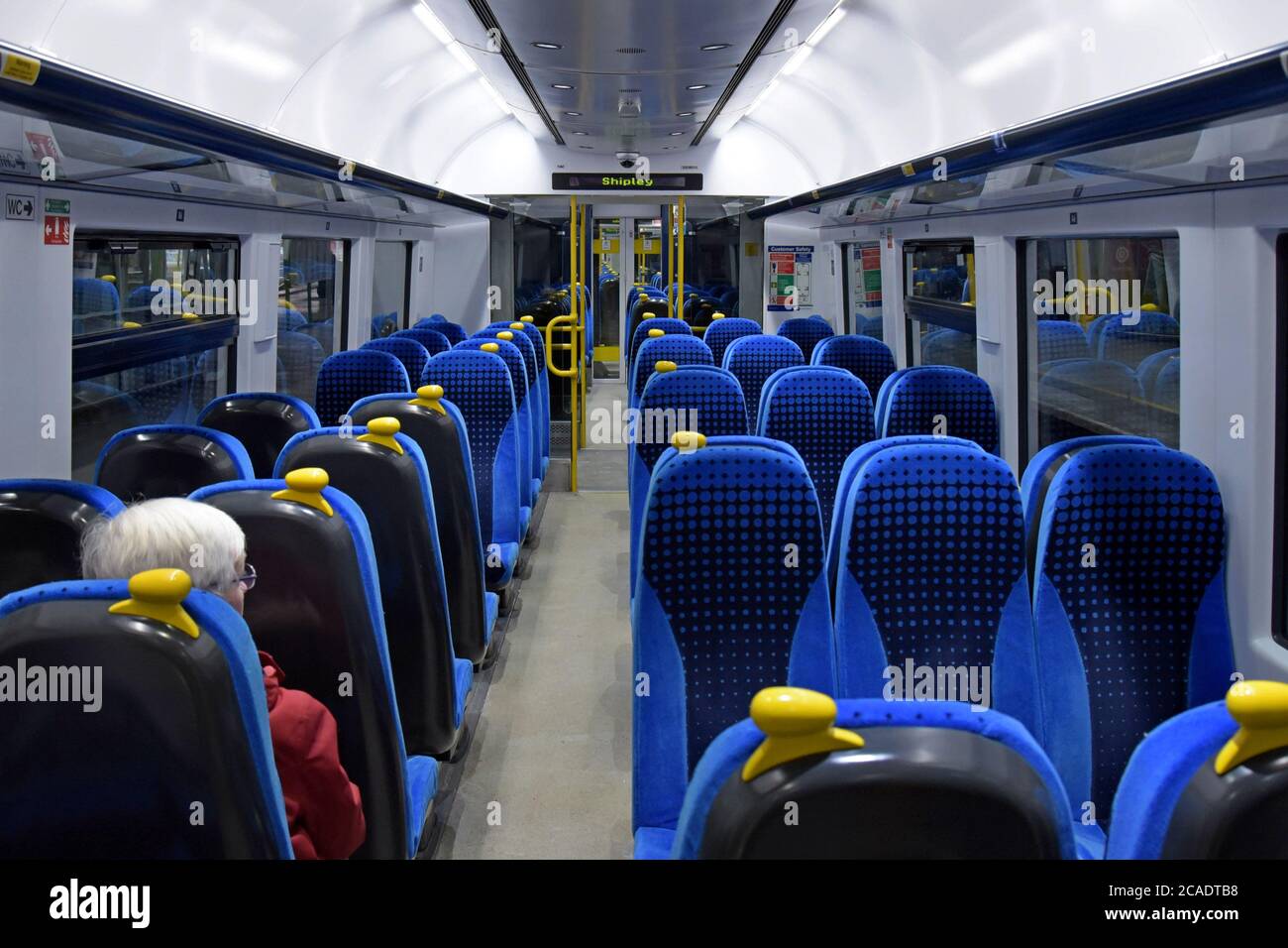The interior of a Northern Trains CAF 333 class Electric Multiple Unit train  at Leeds Railway Station Stock Photo