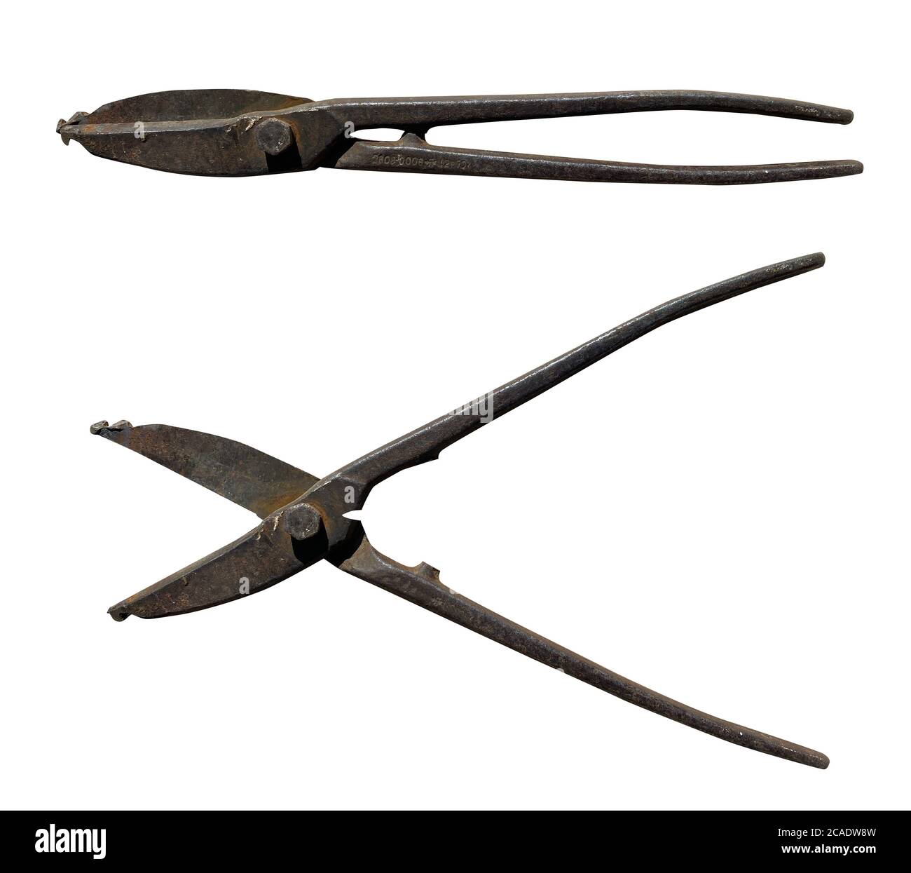 old rusty metal scissors on a white isolated background Stock Photo