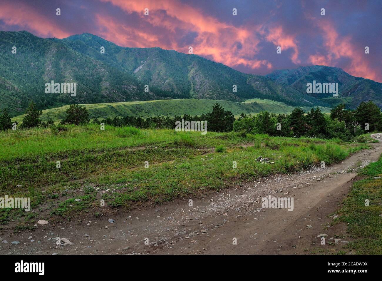 Crimson sunset over Altai mountains with forest covered, dirty curved road leading through green valley. Beautiful evening summer mountain landscape w Stock Photo