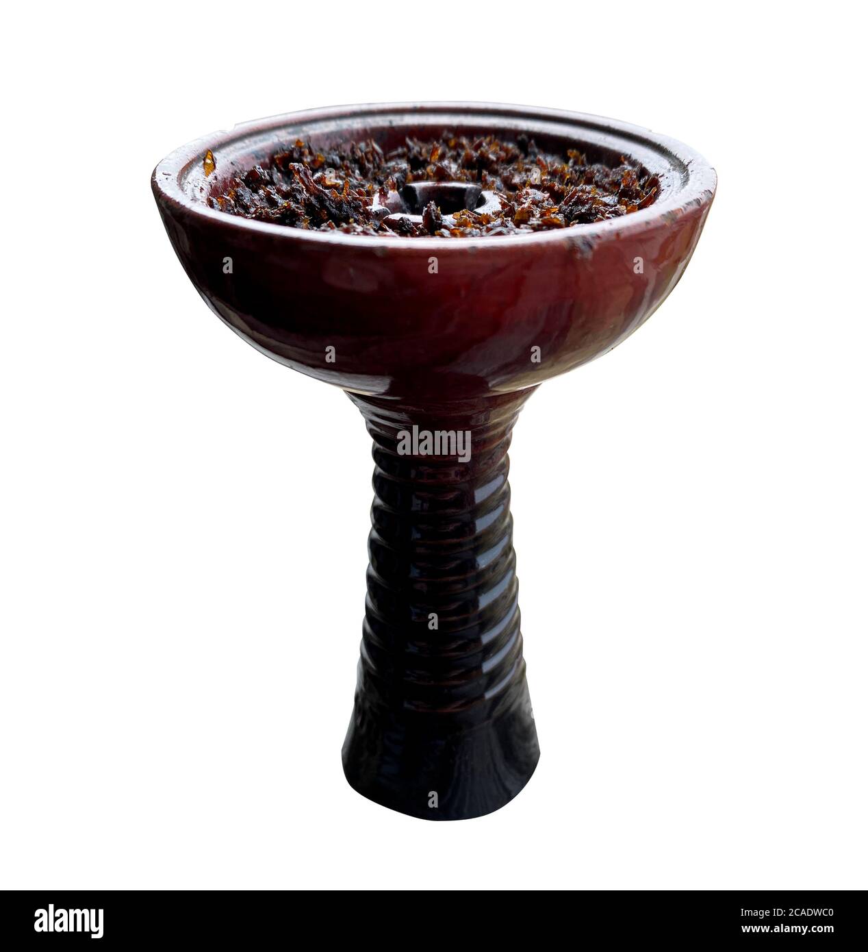 clay bowl with tobacco for smoking hookah side view on a white