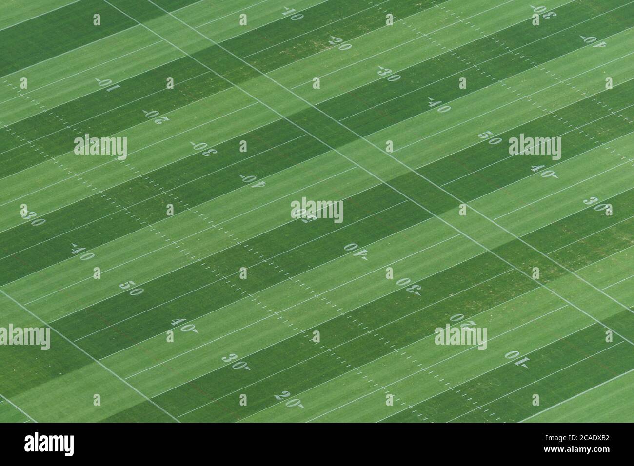 American football field aerial view. Field of play with yard marks and