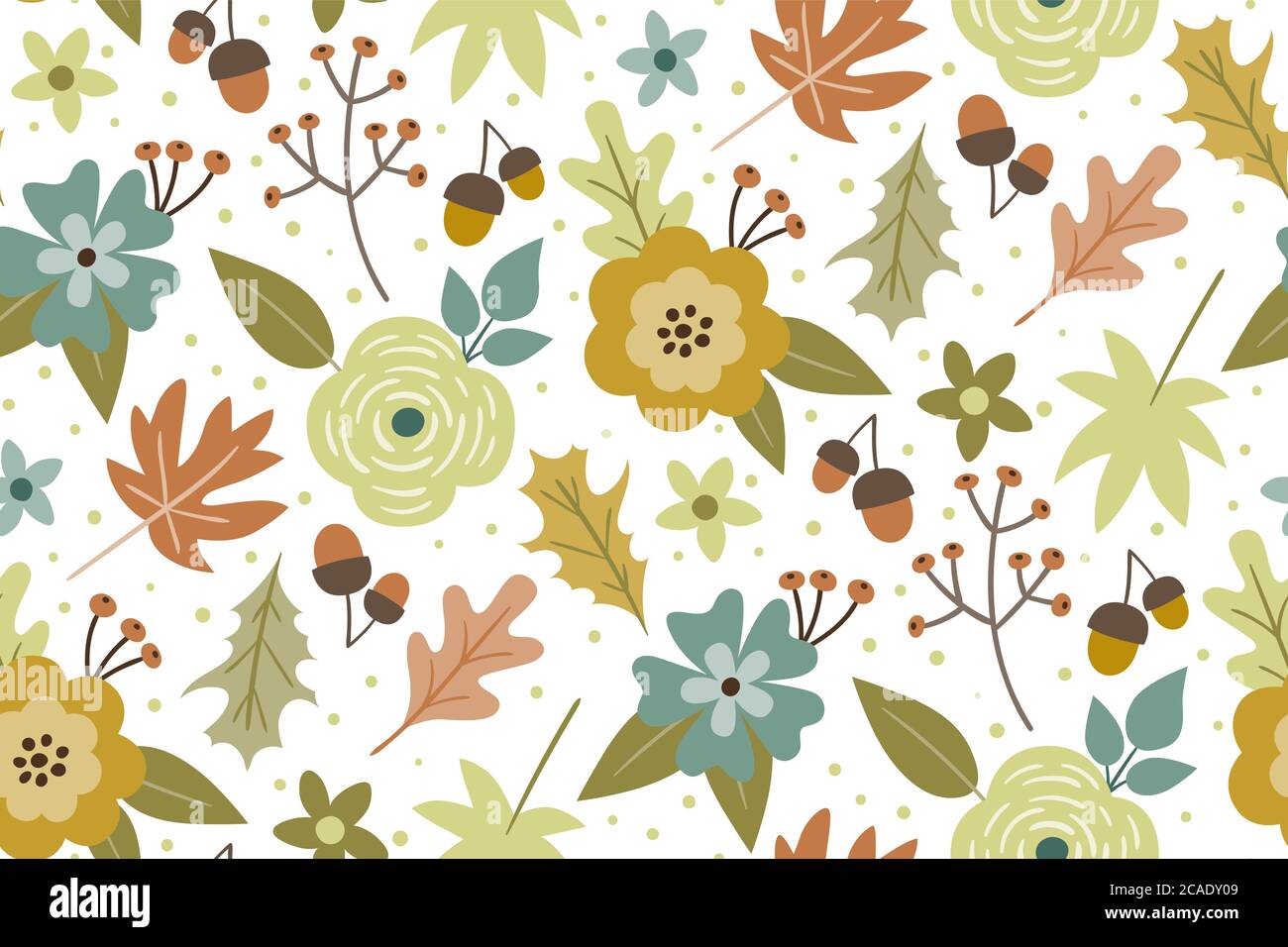 Autumn floral seamless pattern. Hand drawn colorful flowers, leaves and branches isolated on white background. Vector illustration. Stock Vector