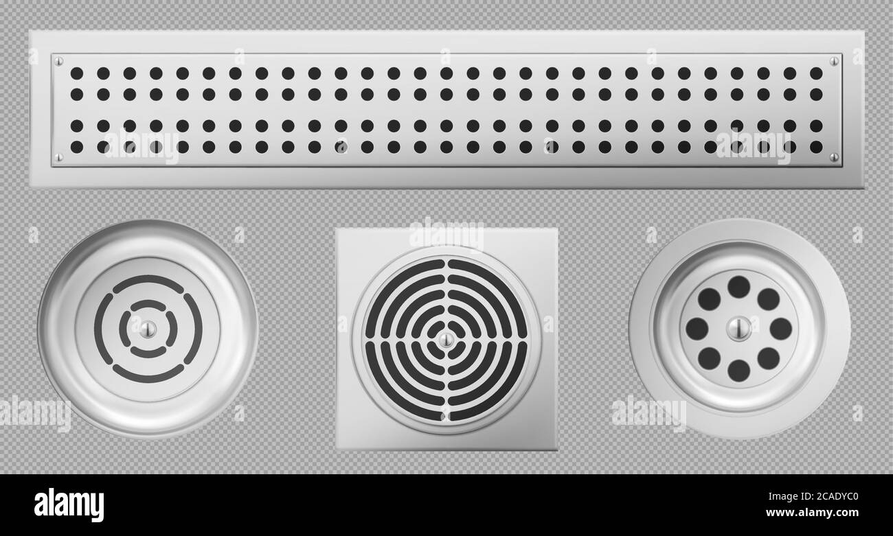 Shower drainage holes with stainless covers isolated on transparent background, drain sewers of