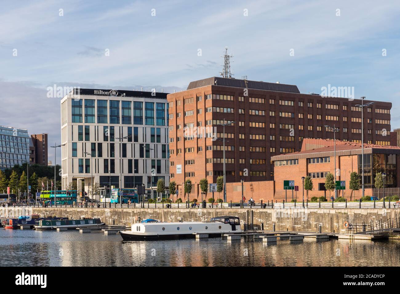 Liverpool waterfront, view from Salthouse Dock towards Hilton Liverpool City Centre Hotel and Merseyside Police headquarter, Liverpool, Merseyside, UK Stock Photo