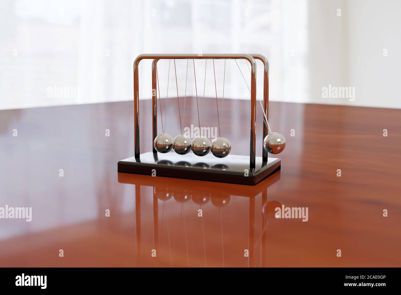 Newton's cradle swinging on a wooden table with light background. Balance concept. Illustration 3d. Stock Photo