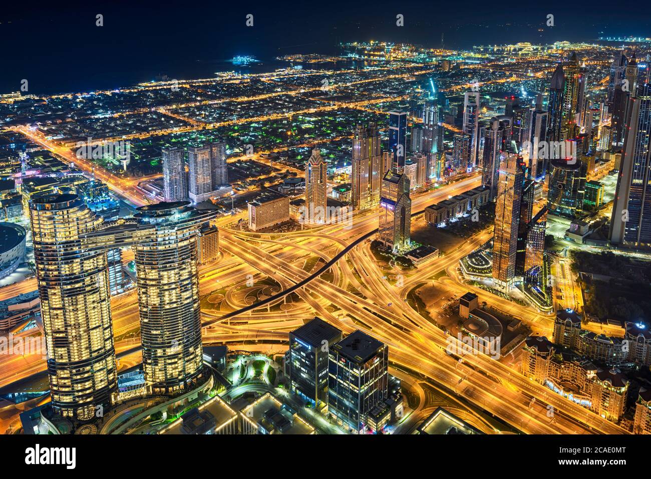 Aerial view of skyscrapers and a huge intersection at the Sheikh Zayed Road in Dubai, UAE Stock Photo