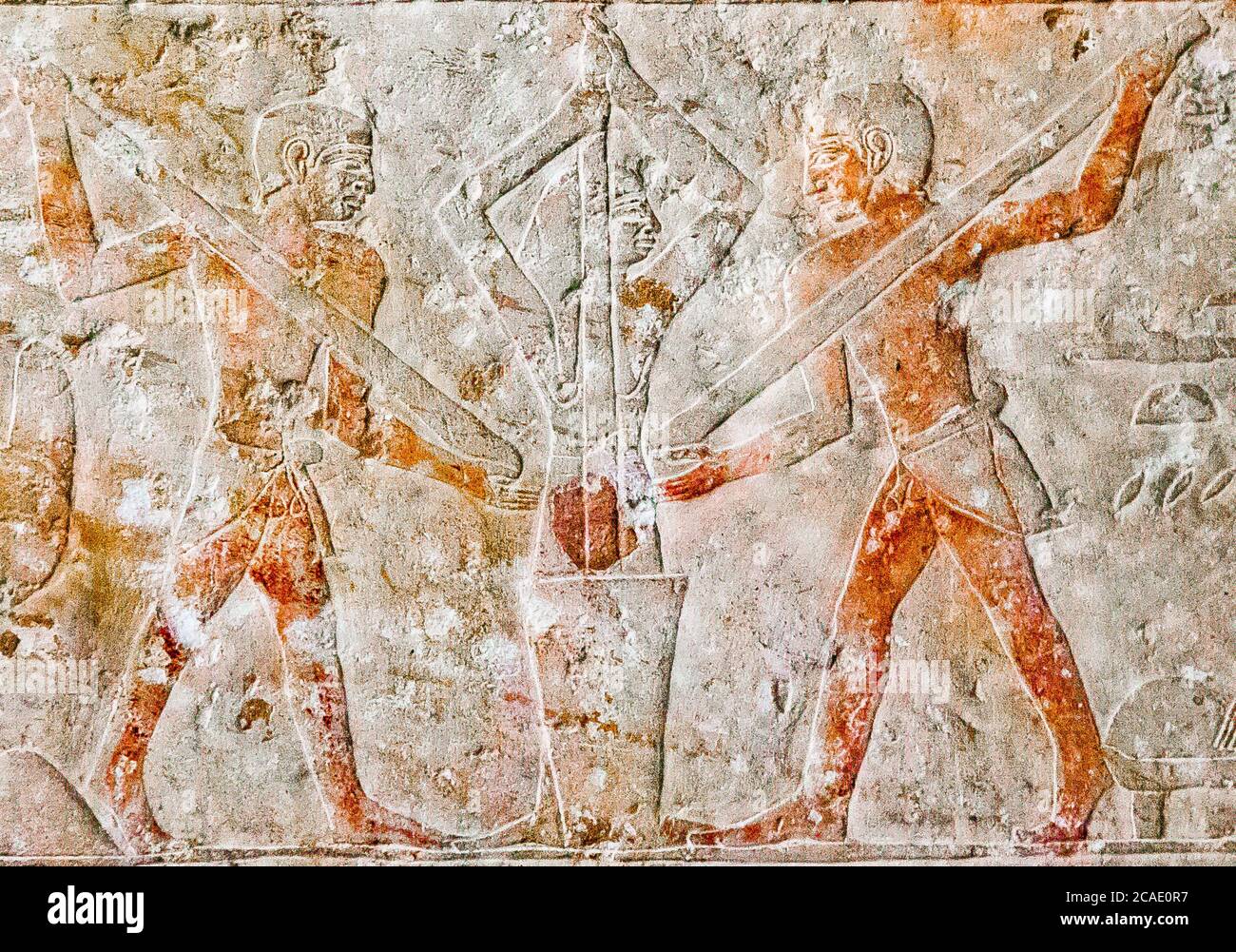 Egypt, Cairo, Egyptian Museum, from the tomb of Kaemrehu, Saqqara, detail of a big relief depicting agricultural scenes : Grinding grain. Stock Photo