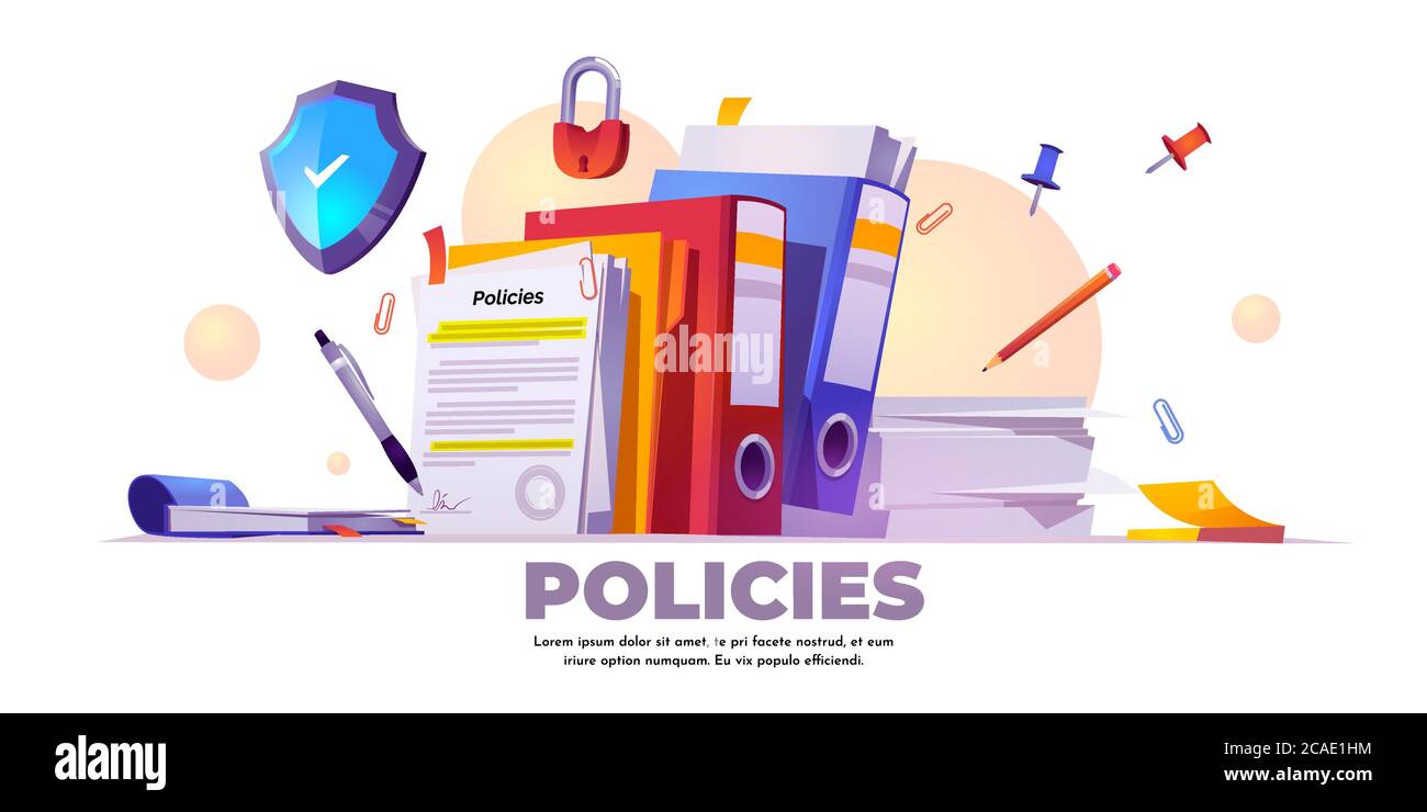 Policies banner. Concept of business documents for law compliance, legal regulation quality and procedures. Vector landing page of guideline, rules and agreement with cartoon paperwork illustration Stock Vector