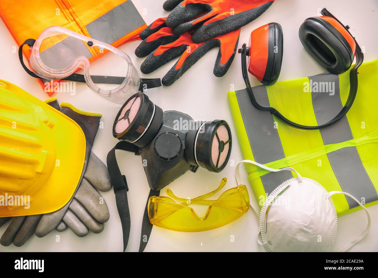 Work safety protection equipment flat lay. Industrial protective gear