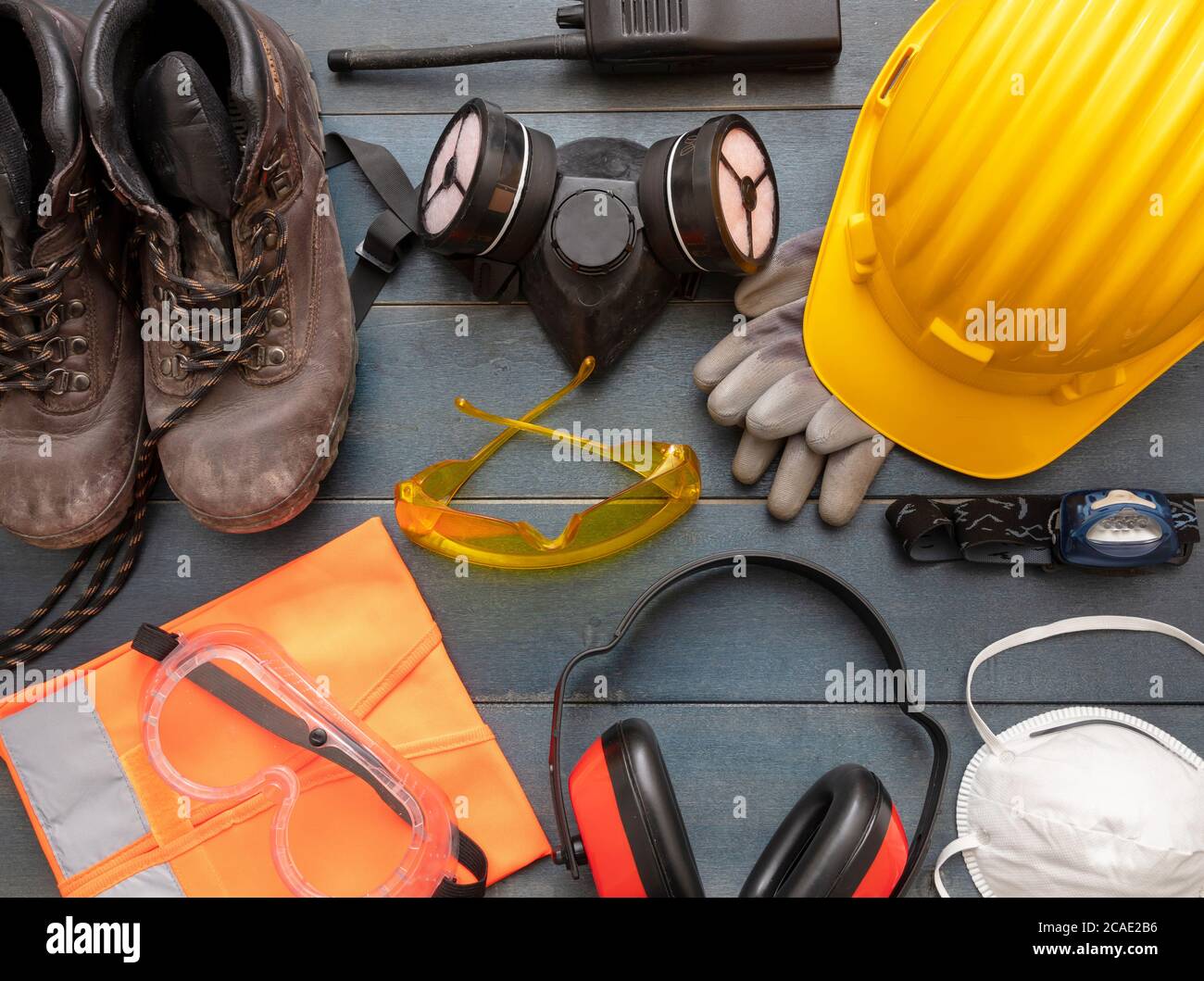 Work safety protection equipment flat lay. Industrial protective gear ...