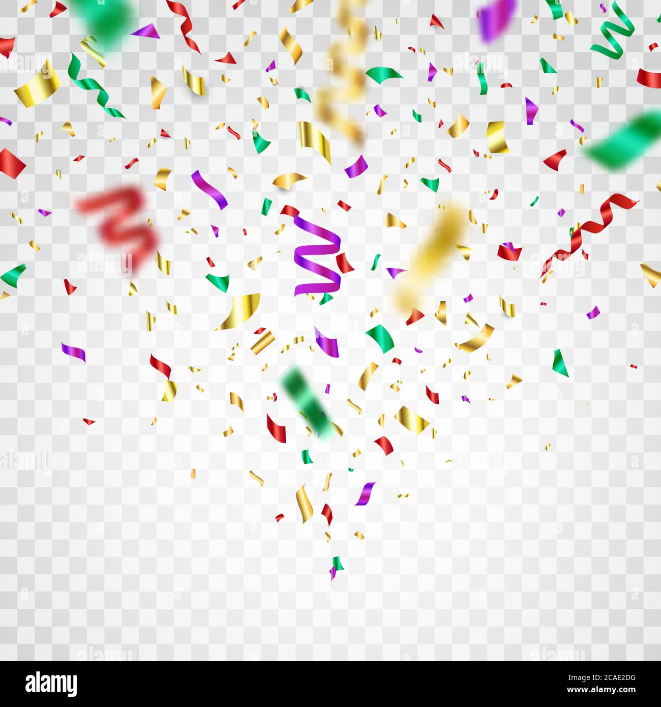 Colorful confetti flying on transparent background. Party color confetti, serpentine. Confetti explosion. Bright festive tinsel. Holiday design elemen Stock Vector