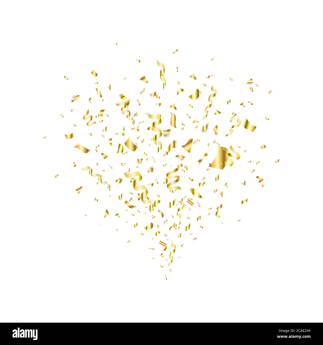 Golden confetti flying on white background. Party gold confetti, serpentine. Confetti explosion. Bright festive tinsel. Holiday design elements. Vecto Stock Vector