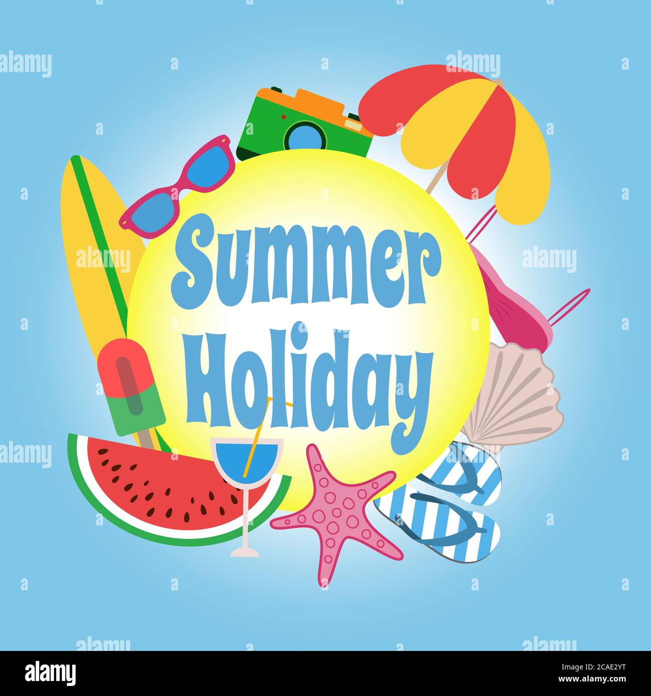 Summer holiday. Circle banner design with colorful beach elements on blue background Stock Vector