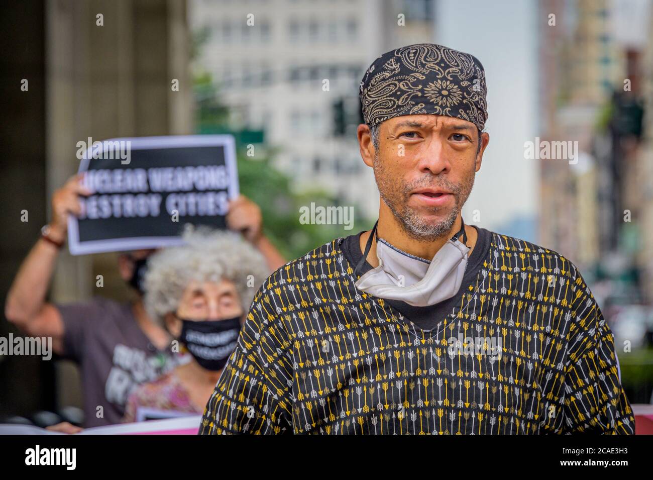 USA. 06th Aug, 2020. Owl Steve Smith, from Lenape Ramapough Nation. Members of the New York Campaign to Abolish Nuclear weapons (NYCAN) gathered outside the David N. Dinkins Municipal Building in Manhattan on the 75th anniversary of the bombing of the city of Hiroshima, August 6, 2020 to give notice to the New York City Council that it is time to bring Resolution 976 and INT 1621, known as the Nuclear Disarmament Legislation to the floor for a vote at the next Stated Meeting. (Photo by Erik McGregor/Sipa USA) Credit: Sipa USA/Alamy Live News Stock Photo