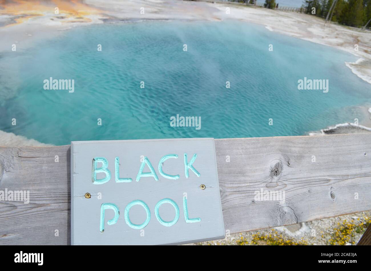 YELLOWSTONE NATIONAL PARK, WYOMING - JUNE 8, 2017: Black Pool Hot Spring in West Thumb Geyser Basin on the Shore of Yellowstone Lake Stock Photo