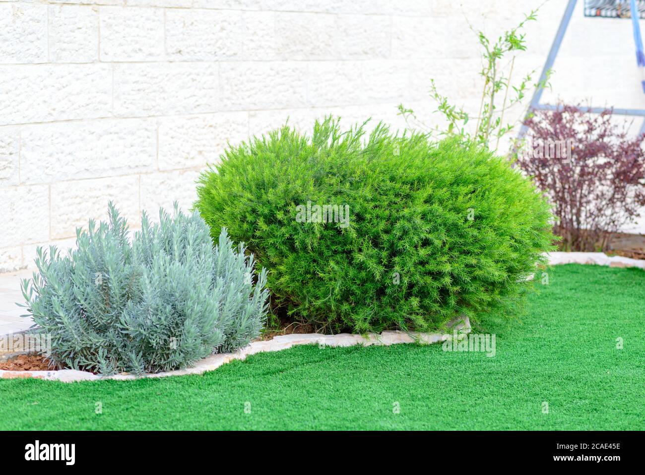 Landscaped Format, yard with garden design.Young green fresh bushes near the house, front yard. Landscape design. Stock Photo